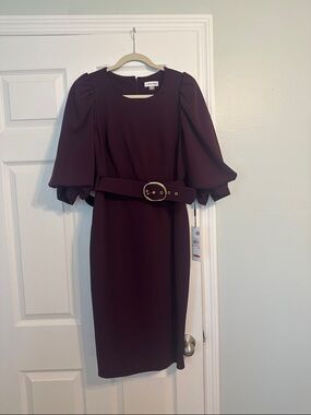 Calvin Klein Plum Midi Dress with Gold Buckle Belt
